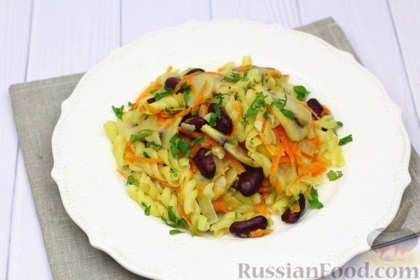 Макароны с грибами и фасолью (на сковороде) Макароны с грибами и фасолью (на сковороде)