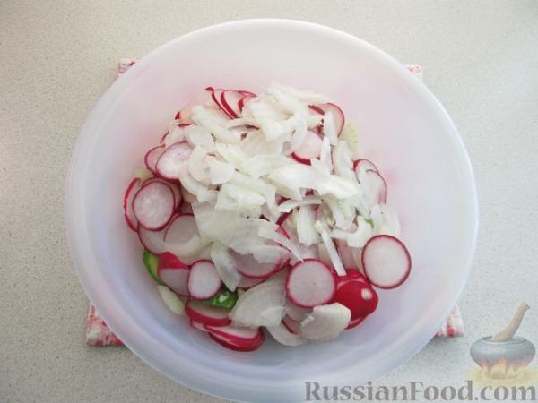 Салат из огурцов, редиса, кукурузы и лука Салат из огурцов, редиса, кукурузы и лука