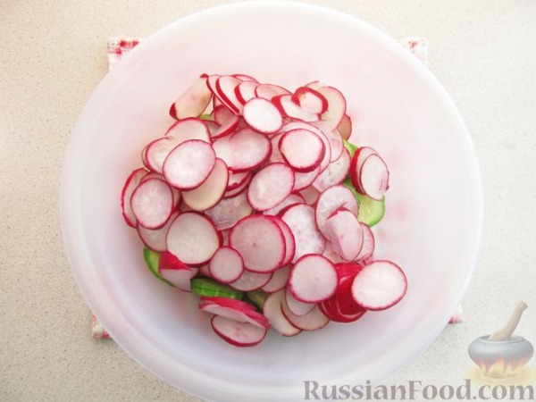 Салат из огурцов, редиса, кукурузы и лука Салат из огурцов, редиса, кукурузы и лука