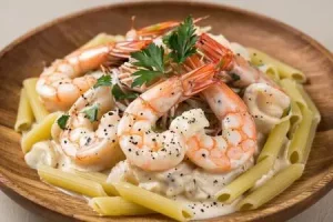 Креветки с макаронами в сливочном соусе