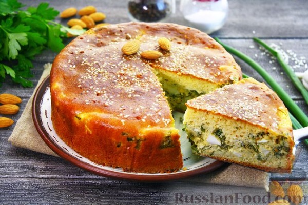 Заливной миндальный пирог с яйцами и зелёным луком (без муки) Заливной миндальный пирог с яйцами и зелёным луком (без муки)