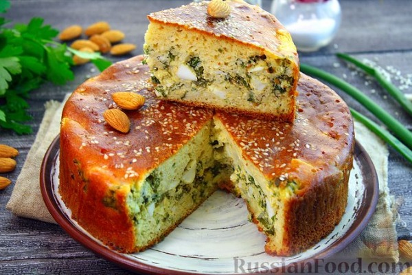 Заливной миндальный пирог с яйцами и зелёным луком (без муки) Заливной миндальный пирог с яйцами и зелёным луком (без муки)