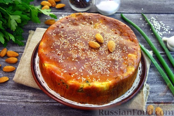 Заливной миндальный пирог с яйцами и зелёным луком (без муки) Заливной миндальный пирог с яйцами и зелёным луком (без муки)