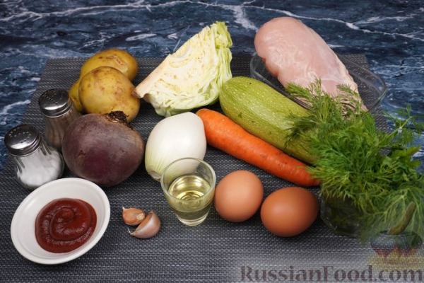 Красный борщ с кабачками и куриным филе Красный борщ с кабачками и куриным филе
